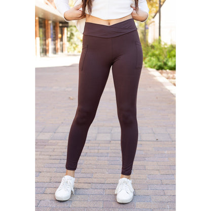 High waist brown crossover leggings for women. Buttery soft brown leggings with flattering waistband