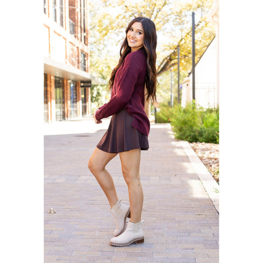 Stretchy brown Julia Rose skort styled for casual wear