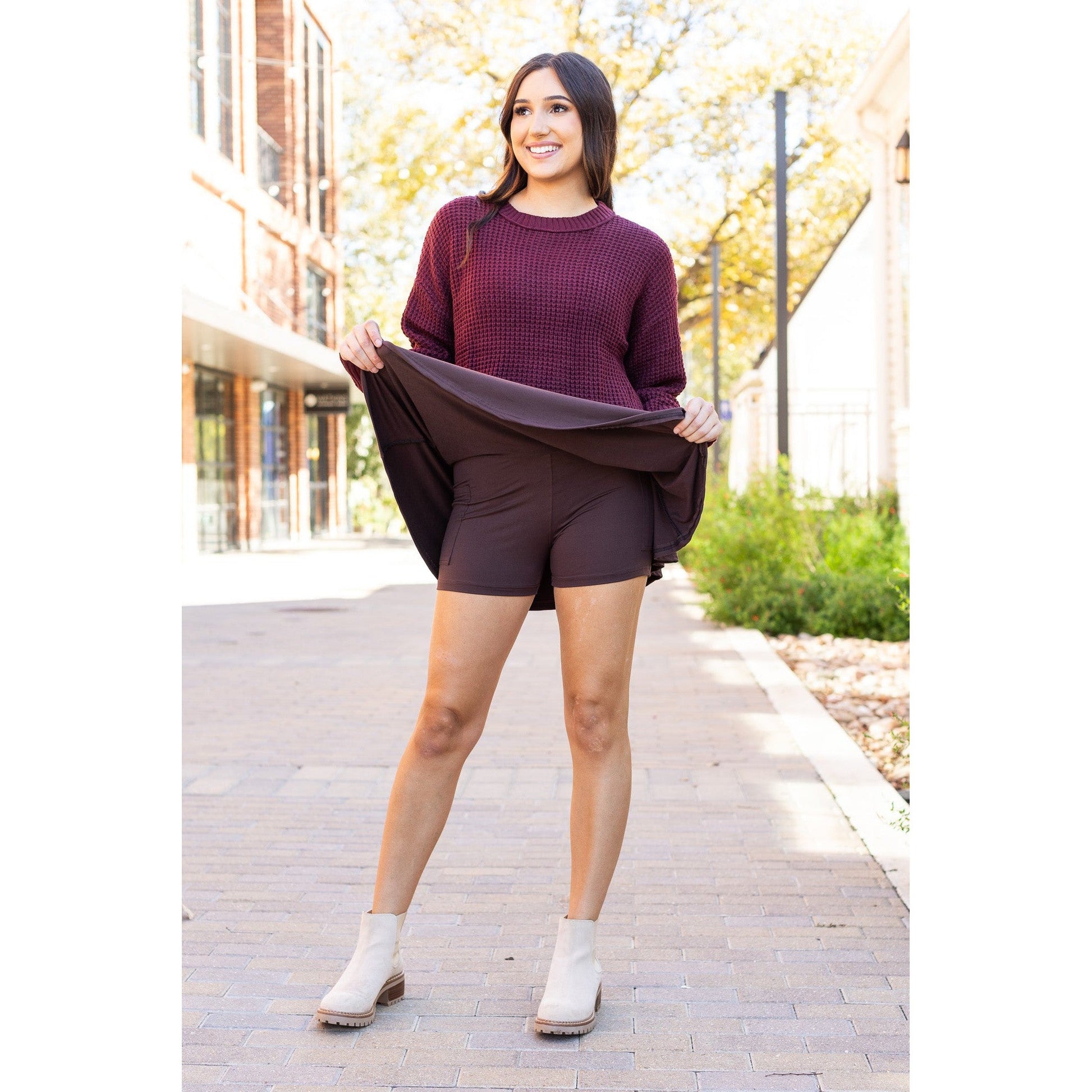 Stretchy brown Julia Rose skort styled for casual wear