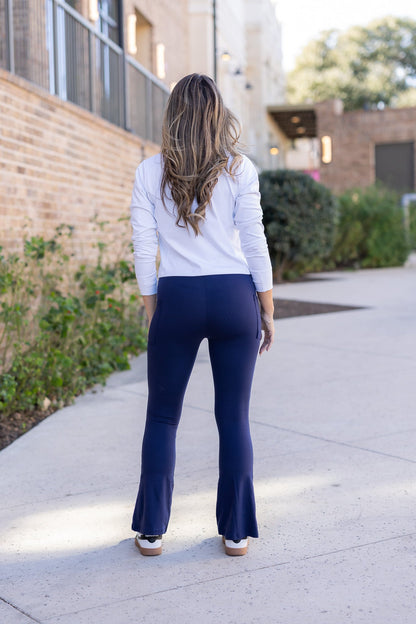 “Julia Rose Navy Flare Lounge Pants with pockets and soft stretch fabric