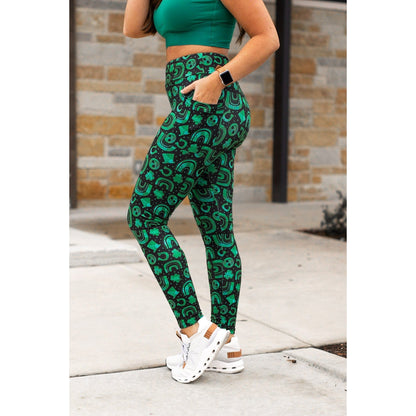 "St Patrick’s Day clover leggings by Julia Rose.Green shamrock print leggings for women"