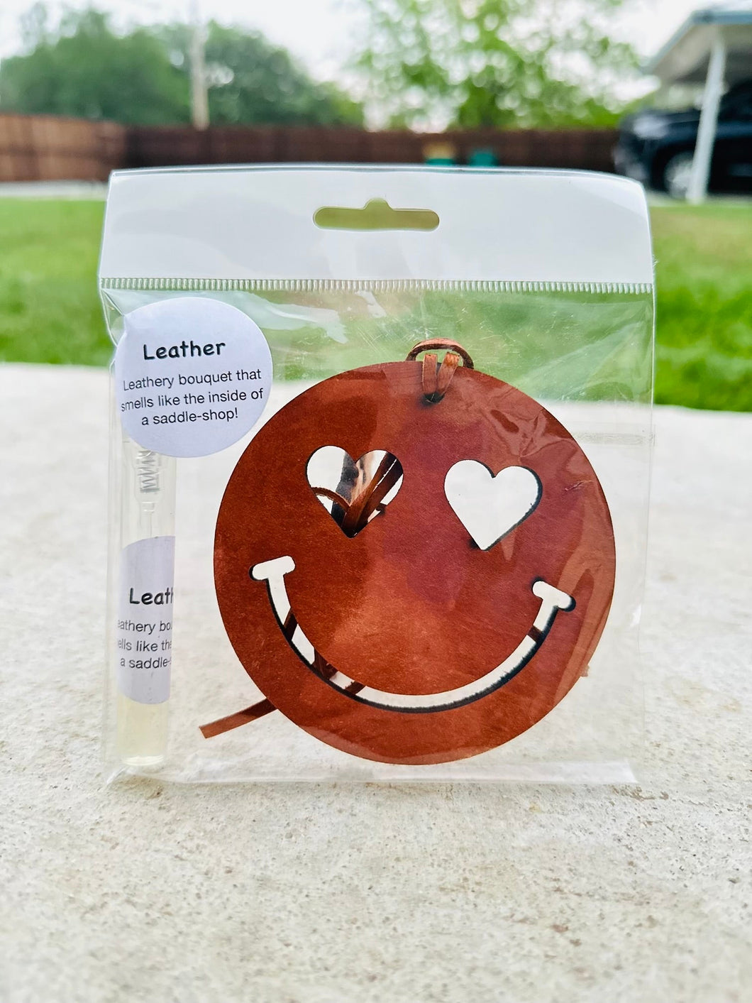 Leather Smiley Air Freshener with Spray