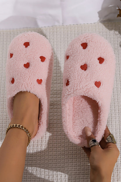 Embroidered Pink Heart Shape Plush Slippers