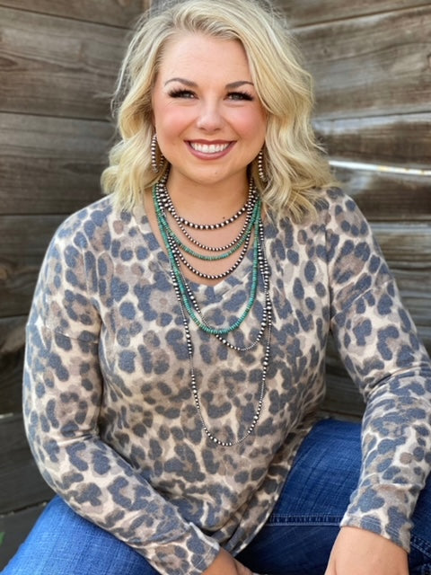 Fuzzy Leopard Long-Sleeve V-Neck Top