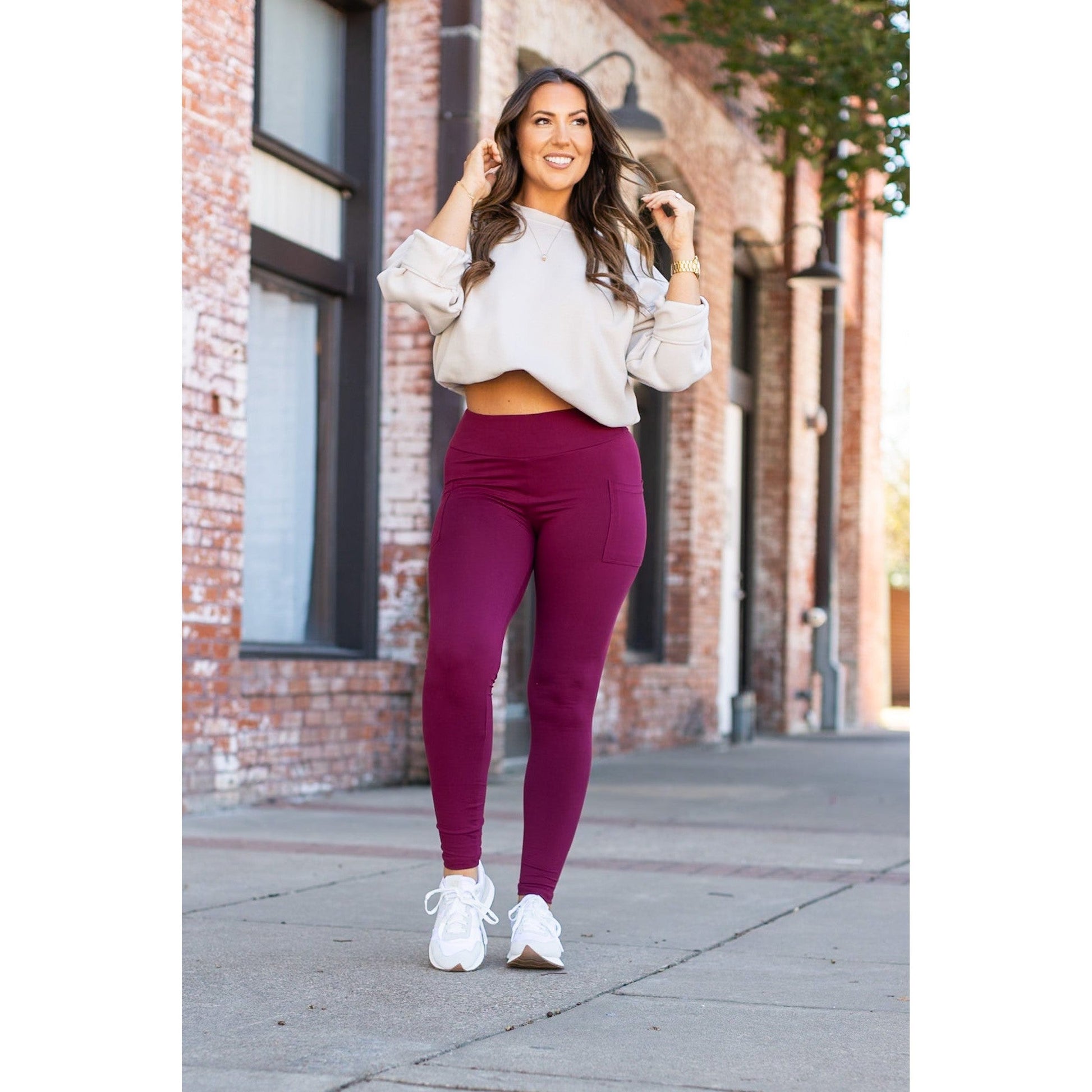 Buttery soft maroon leggings for women - High waist maroon leggings with side pockets