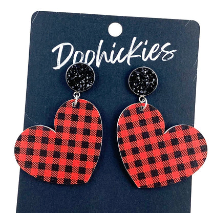 2" Buffalo Plaid Acrylic Heart Valentine Dangles