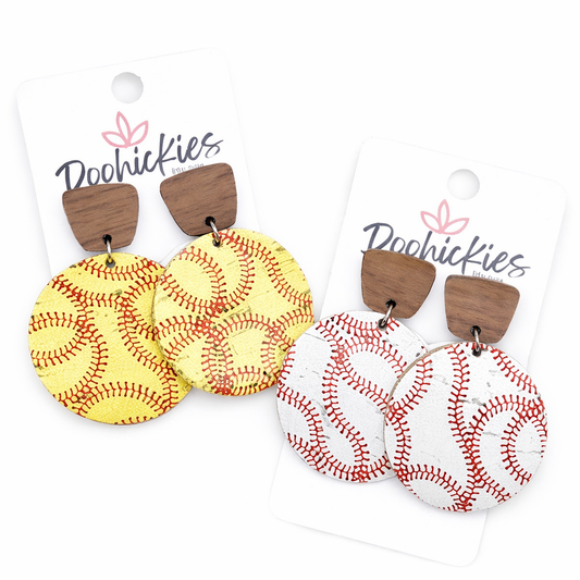 2" Walnut & Baseball/Softball Piggyback Corkies -Sports Earrings
