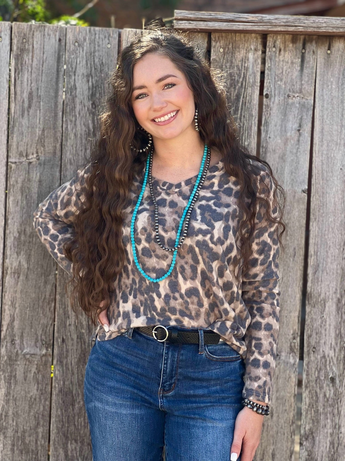 Fuzzy Leopard Long-Sleeve V-Neck Top