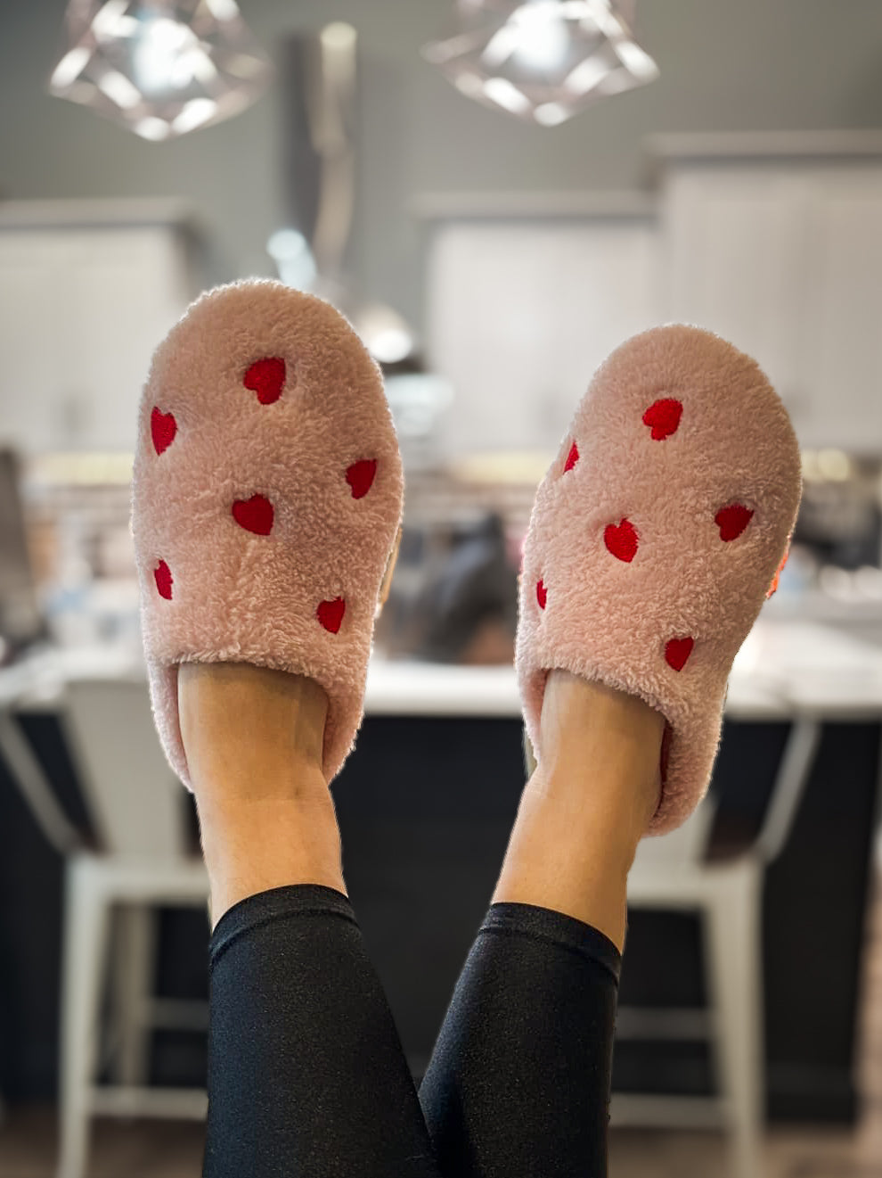 Embroidered Pink Heart Shape Plush Slippers