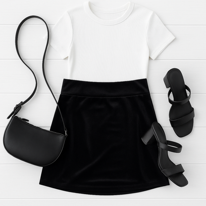 Women’s holiday velvet skirt with elastic waistband, velvet skirt styled for Christmas outfits.