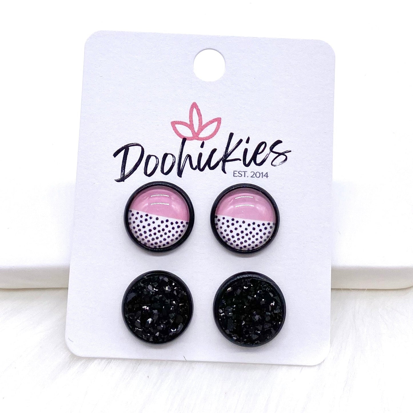 12mm Pink/Black Polka Dots & Black in Black Settings -Earrings